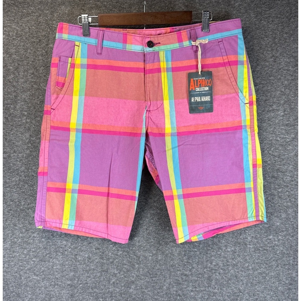 NWT Dockers Alpha Khaki Shorts Mens 34 Pink Plaid Slim Cotton Twill Hipster Golf
